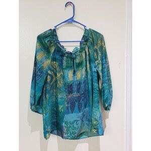 Chaps blue teal paisley sheer top, pullover, blouse, size L